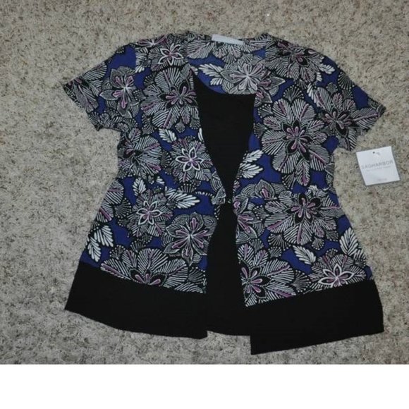 Womens Blouse Tank Top Set Black Blue Floral Small Petite Scoop Neck Sag Harbor - Picture 2 of 9